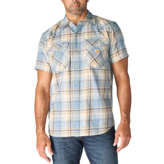 Man wearing a plaid short-sleeve shirt on a white background