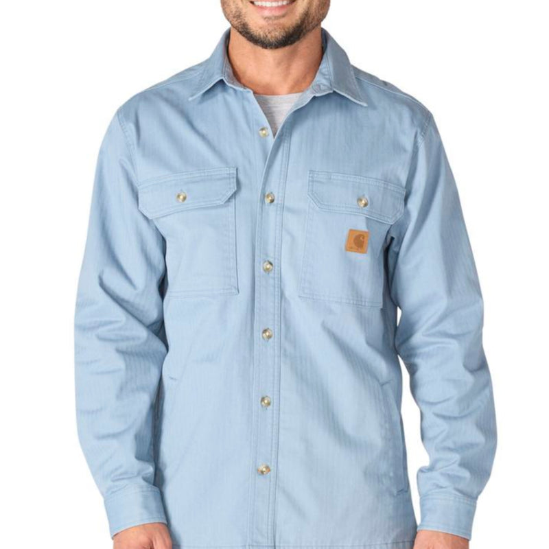 Load image into Gallery viewer, Man wearing a light blue denim shirt on a white background
