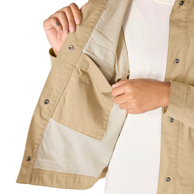 Load image into Gallery viewer, Close-up of a beige jacket with white lining, focusing on the interior pocket and buttons.
