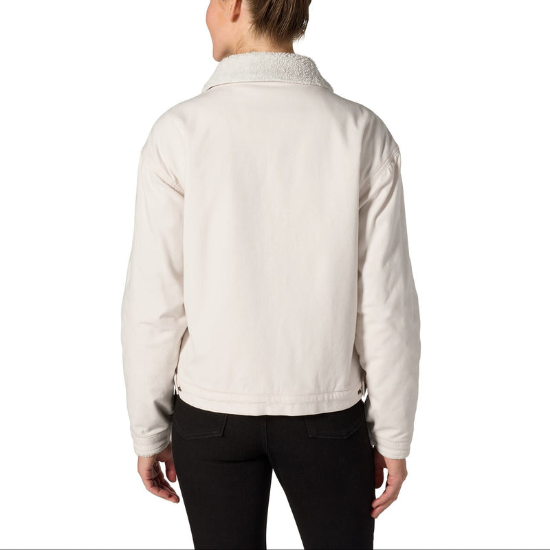 Load image into Gallery viewer, A woman viewed from the back wearing a light cream-colored jacket with a textured sherpa collar and black pants, set against a plain white background.
