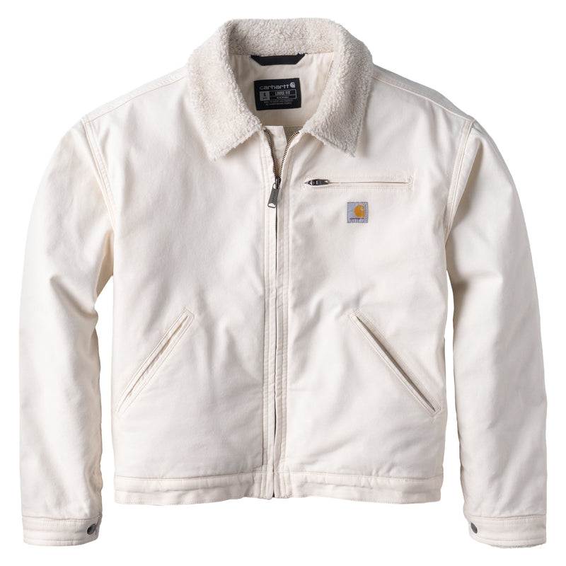 Load image into Gallery viewer, An off-white Carhartt jacket with a plush fleece collar, front zipper, zippered chest pocket, and two diagonal front hand pockets, shown on a plain white background.
