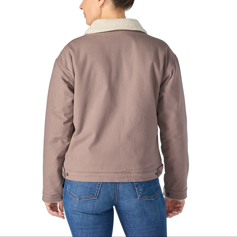 Load image into Gallery viewer, A woman shown from the back wearing a taupe-brown utility jacket with a light beige sherpa collar and blue jeans, against a plain white background.
