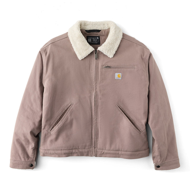 Load image into Gallery viewer, A Carhartt jacket in dusty rose canvas with a cream sherpa collar, featuring a front zipper, zippered chest pocket, and two diagonal welt pockets.
