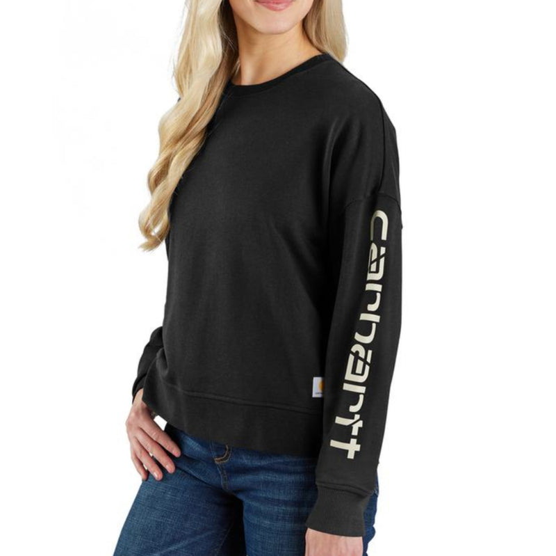 Load image into Gallery viewer, Woman wearing a black sweatshirt with 'Carhartt' branding on a white background
