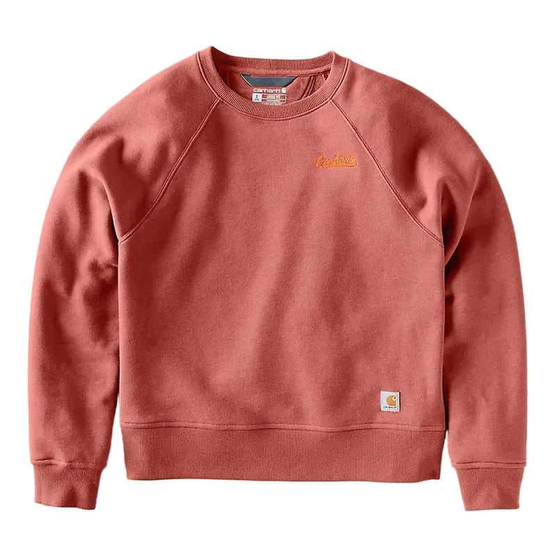 Load image into Gallery viewer, A dusty rose crewneck sweatshirt by Carhartt, featuring a small orange script logo on the left chest and the signature Carhartt brand label on the lower right hem, laid flat against a light gray background.
