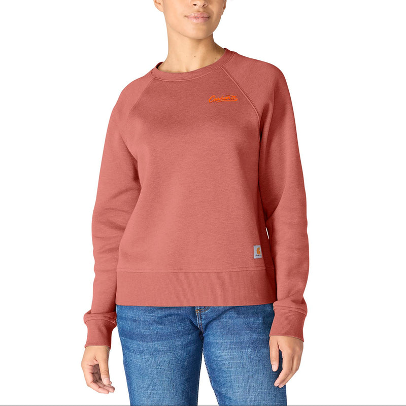 Load image into Gallery viewer, A woman wearing a dusty rose crewneck sweatshirt with a small orange Carhartt logo on the left chest, paired with blue jeans, against a plain white background.

