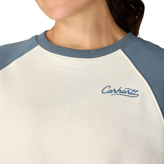 Close-up of a person wearing a Carhartt raglan sweatshirt with an off-white body and slate blue sleeves and collar, featuring the blue Carhartt script logo on the chest.