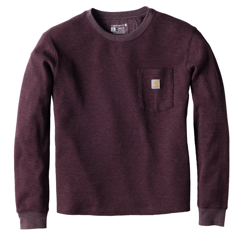 Load image into Gallery viewer, A dark plum waffle-knit long-sleeve shirt by Carhartt with a chest pocket and the brand's signature logo patch on the left chest, shown against a plain white background.
