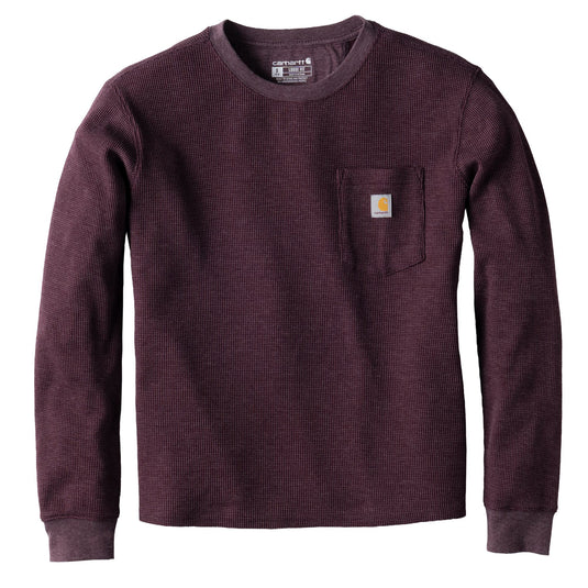 A dark plum waffle-knit long-sleeve shirt by Carhartt with a chest pocket and the brand's signature logo patch on the left chest, shown against a plain white background.