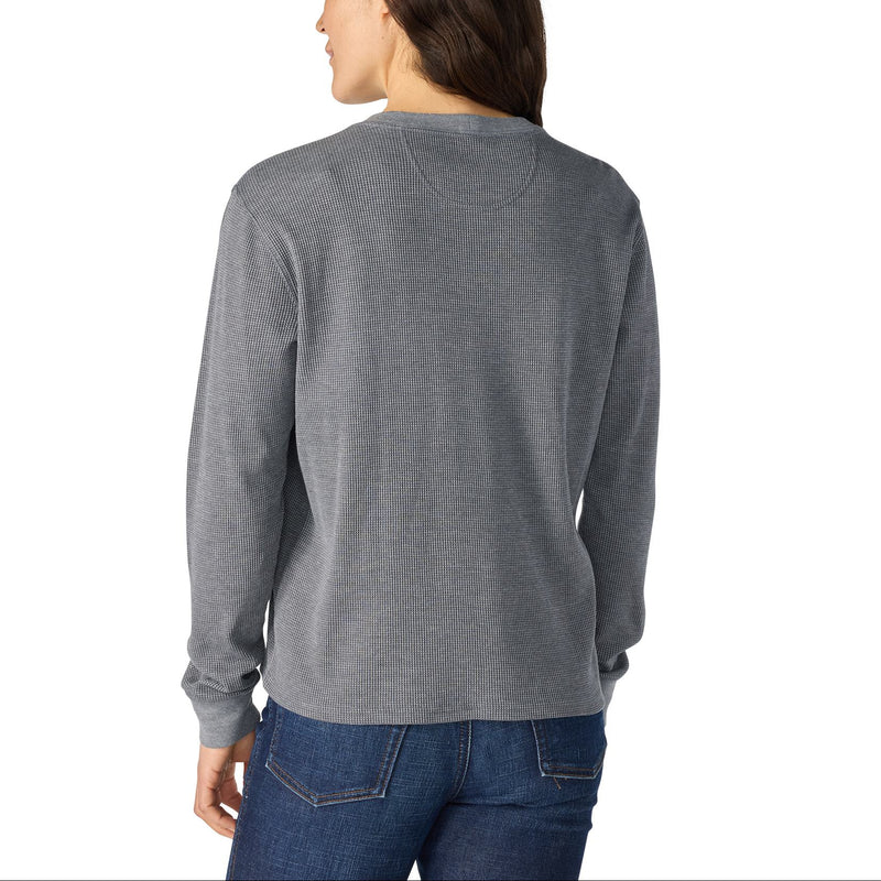 Load image into Gallery viewer, A woman shown from the back wearing a heather gray long-sleeve shirt and blue jeans against a plain white background.
