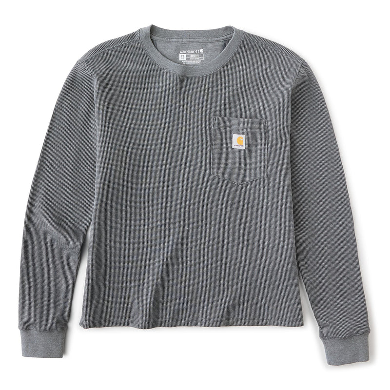 Load image into Gallery viewer, A gray waffle-knit long-sleeve crewneck shirt with a chest pocket and a small Carhartt logo patch, shown flat on a white background.
