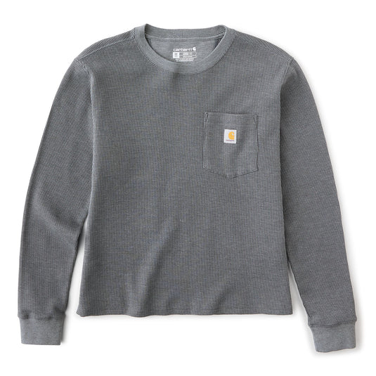A gray waffle-knit long-sleeve crewneck shirt with a chest pocket and a small Carhartt logo patch, shown flat on a white background.