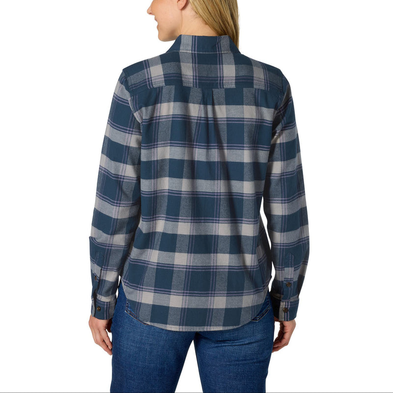 Load image into Gallery viewer, A woman shown from the back wearing a long-sleeve plaid button-up shirt in navy, gray, and white, paired with blue jeans, against a plain white background.
