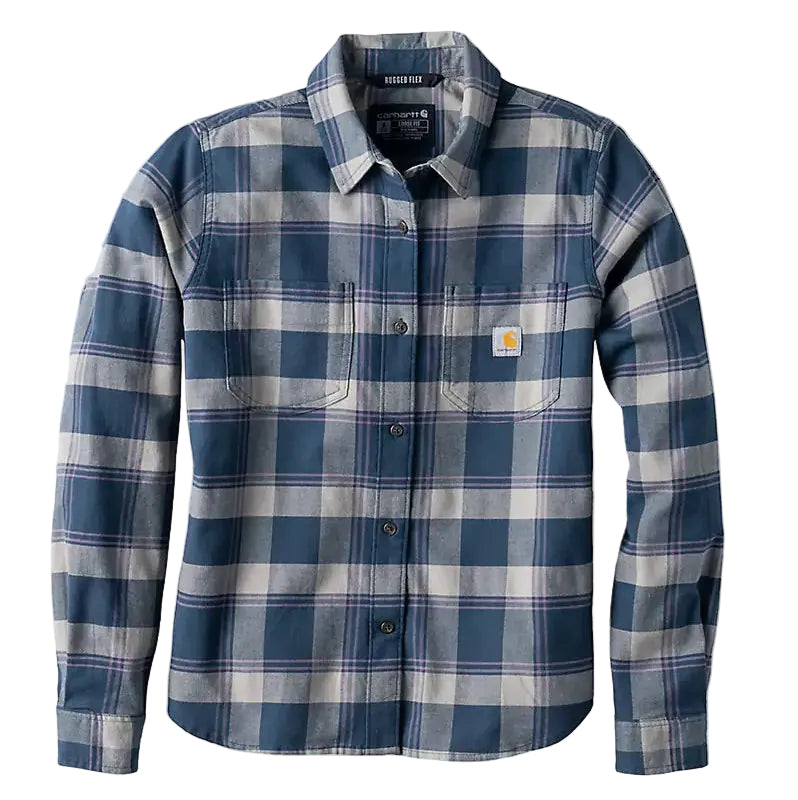 Load image into Gallery viewer, A Carhartt flannel shirt in a blue, gray, and white plaid pattern, shown flat against a light gray background.
