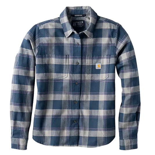 A Carhartt flannel shirt in a blue, gray, and white plaid pattern, shown flat against a light gray background.