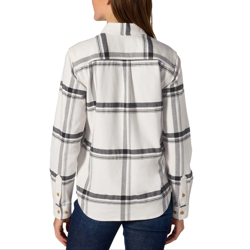 Load image into Gallery viewer, A woman viewed from the back wearing a white long-sleeve plaid button-up shirt with dark gray stripes and blue jeans, set against a plain white background.
