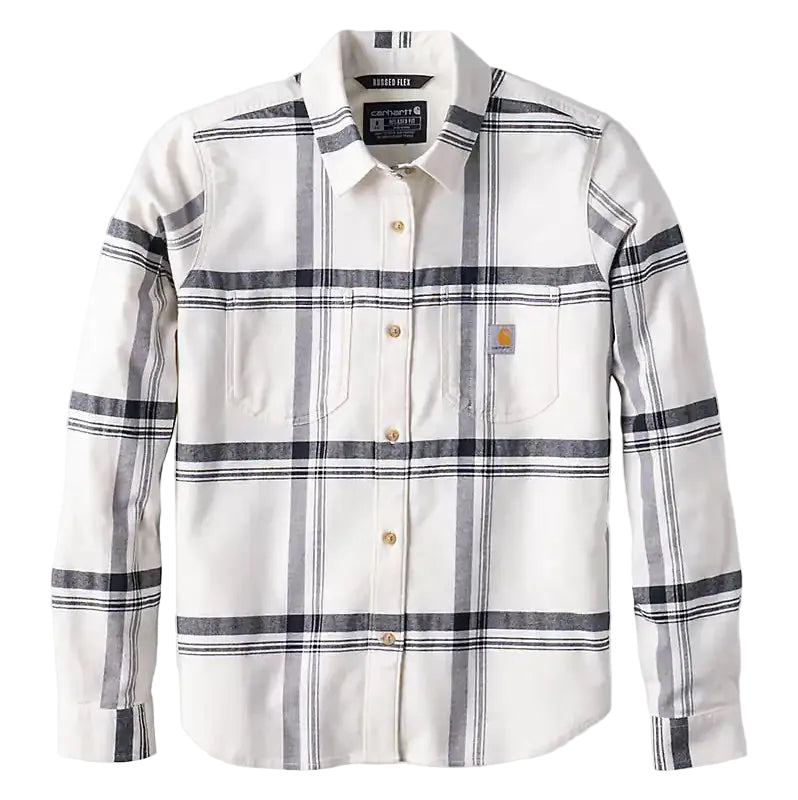 Load image into Gallery viewer, A Carhartt WIP long-sleeve button-up shirt in off-white with a gray and black plaid pattern, featuring two chest pockets and a small orange brand tab on the left chest.
