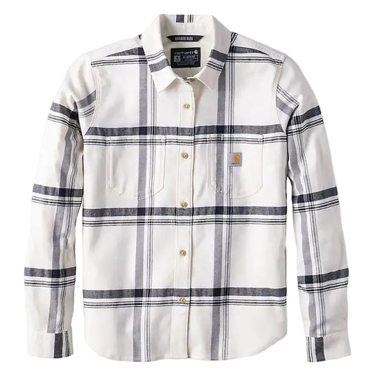 A Carhartt WIP long-sleeve button-up shirt in off-white with a gray and black plaid pattern, featuring two chest pockets and a small orange brand tab on the left chest.