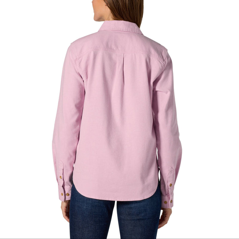 Load image into Gallery viewer, A woman viewed from the back wearing a light pink long-sleeve button-up shirt and dark blue jeans against a plain white background.
