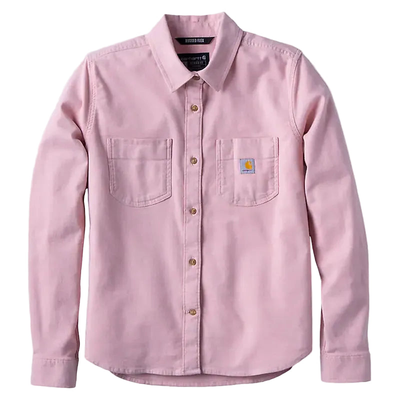 Load image into Gallery viewer, A light pink long-sleeve button-up shirt by Carhartt, featuring two chest pockets and a small brand logo patch on the left chest pocket, displayed against a light gray background.
