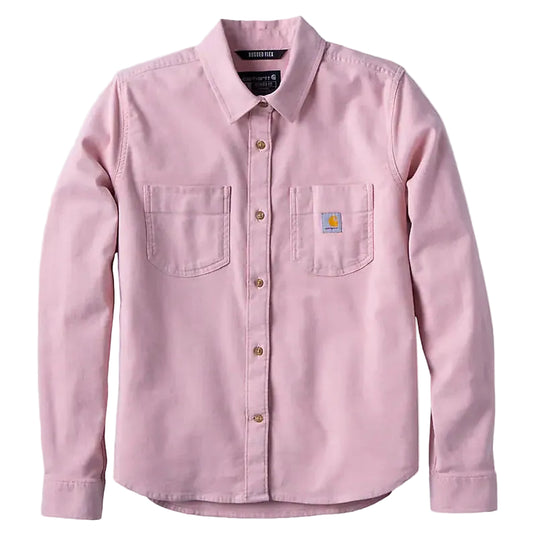 A light pink long-sleeve button-up shirt by Carhartt, featuring two chest pockets and a small brand logo patch on the left chest pocket, displayed against a light gray background.