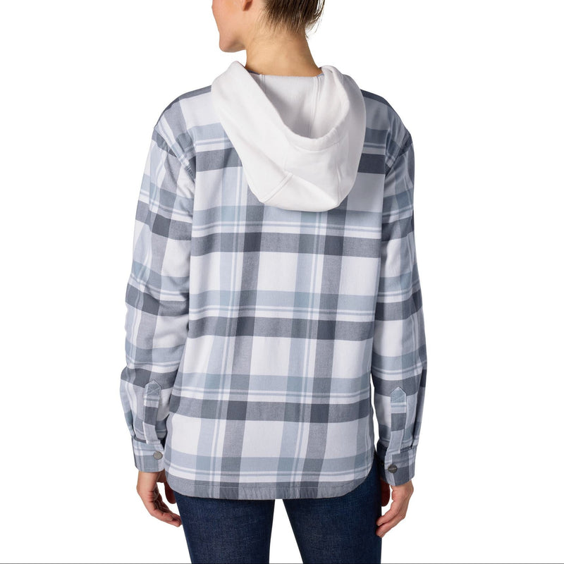 Load image into Gallery viewer, A woman shown from the back wearing a long-sleeve plaid hooded shirt in white, gray, and blue, paired with dark blue jeans, against a plain white background.
