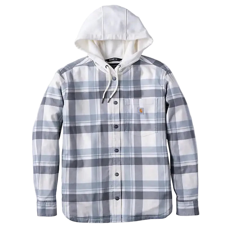 Load image into Gallery viewer, A Carhartt hooded button-up shirt jacket featuring a gray and white plaid pattern, with a solid white hood and a signature orange Carhartt logo patch on the chest pocket.
