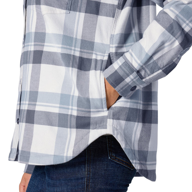 Load image into Gallery viewer, A close-up of a person wearing a long-sleeve plaid button-up shirt in white, gray, and light blue, paired with dark blue jeans against a plain white background.
