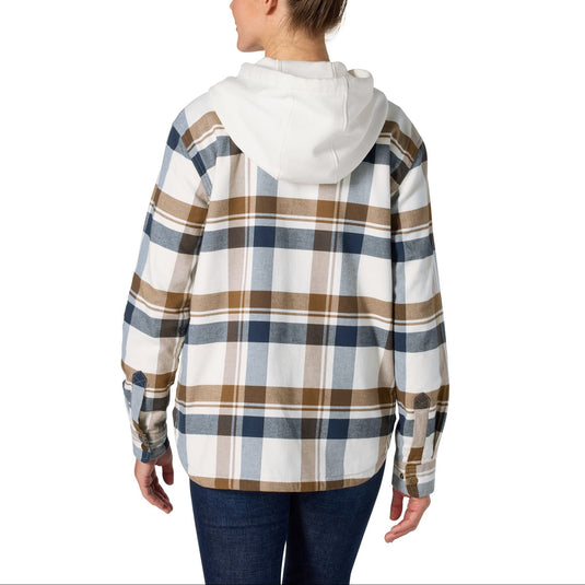 A woman viewed from the back wearing a hooded plaid jacket with blue, brown, and white stripes, paired with dark blue jeans, against a plain white background.