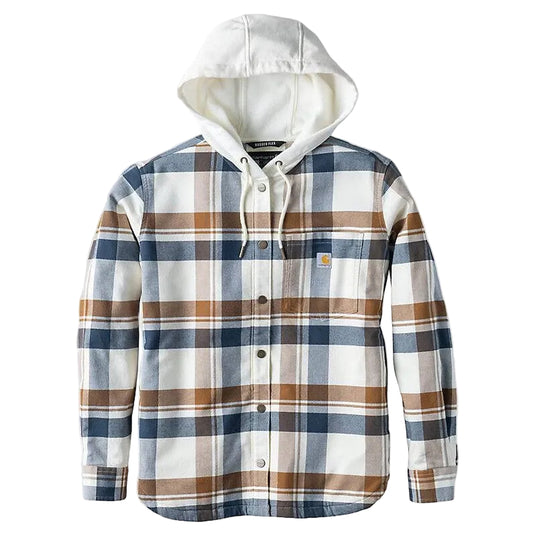 A Carhartt hooded button-up shirt jacket featuring a plaid pattern in navy blue, brown, and white, with a white hood and a small yellow Carhartt logo patch on the chest.