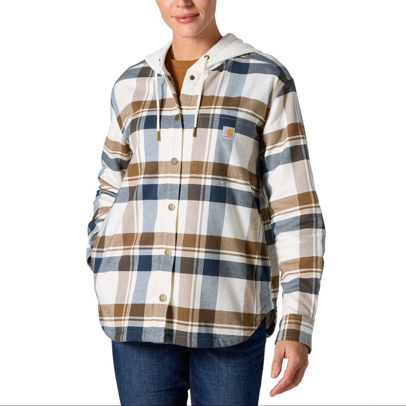 Load image into Gallery viewer, A woman modeling a Carhartt hooded button-up shirt with a brown, blue, and white plaid pattern, paired with blue jeans against a plain white background.
