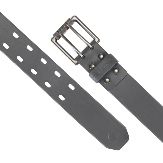 Gray belt with a silver buckle on a white background