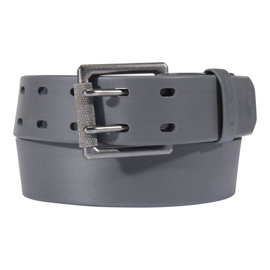 A dark gray adjustable leather belt with a silver-toned metal buckle, shown coiled on a white background.