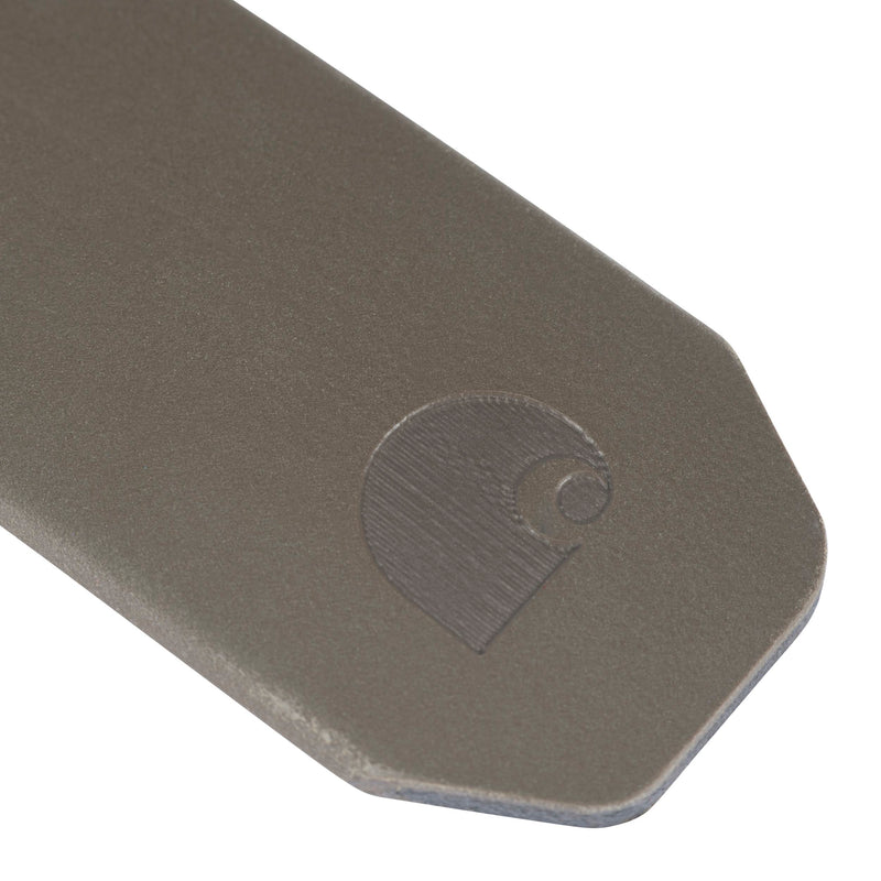 Load image into Gallery viewer, Close-up of a gray belt tip with a debossed Carhartt logo, on a white background.
