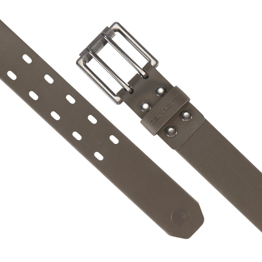 Gray belt with a silver buckle on a white background