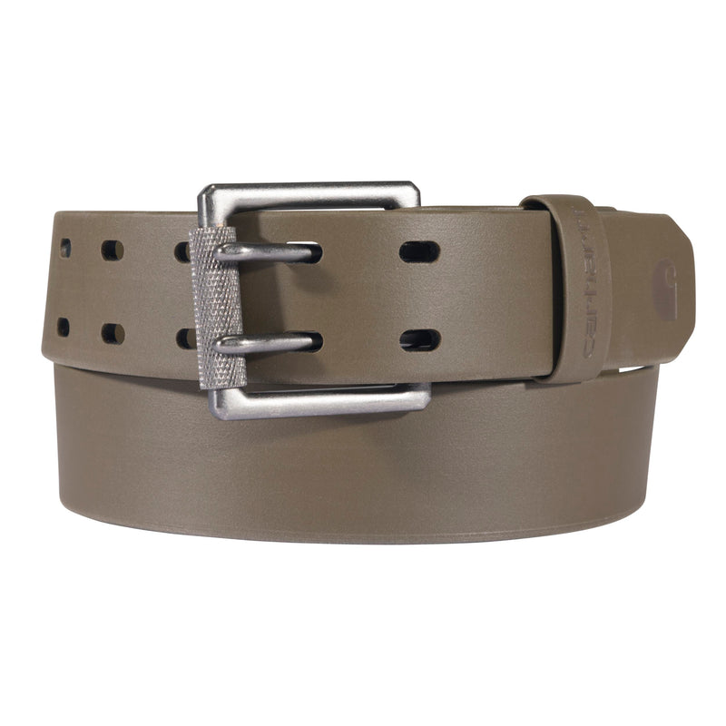 Load image into Gallery viewer, A tactical belt in a matte taupe-brown color with a silver metal buckle and a textured silver keeper, coiled on a white background. The brand 'Carhartt' is embossed on the side.
