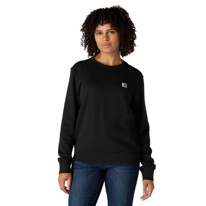 Load image into Gallery viewer, Person wearing a black sweatshirt with a Carhartt logo on a white background
