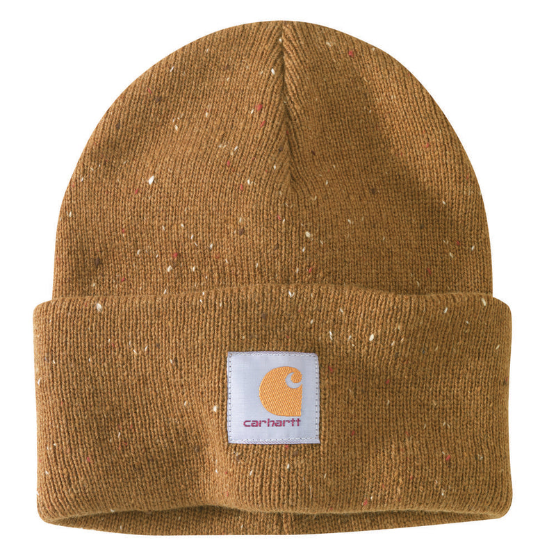 Load image into Gallery viewer, Brown speckled knit beanie with Carhartt logo on a white background
