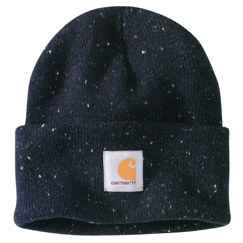 Load image into Gallery viewer, Navy speckled beanie with Carhartt logo on a white background

