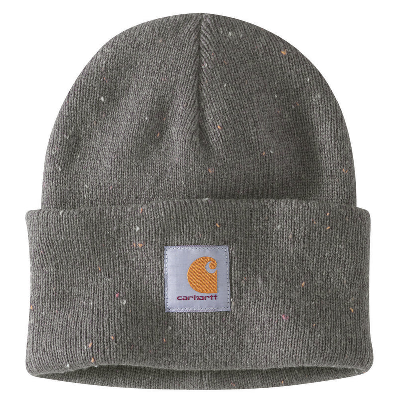Load image into Gallery viewer, Gray speckled knit beanie with Carhartt logo on a white background
