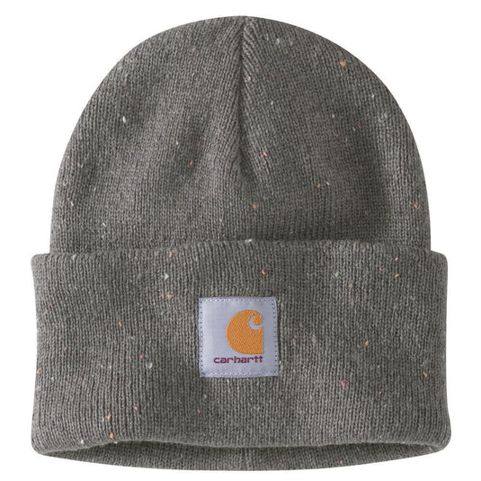 Gray speckled knit beanie with Carhartt logo on a white background