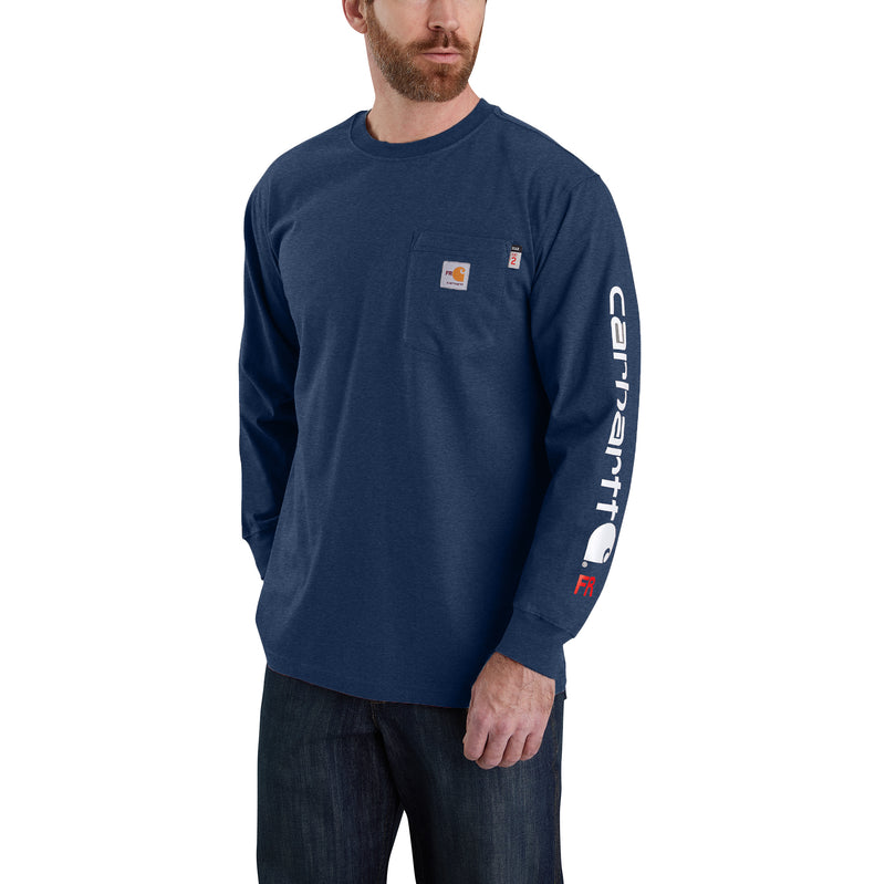 Load image into Gallery viewer, Carhartt Flame-Resistant Force® Signature Logo Long Sleeve Tee Dark Blue Heather
