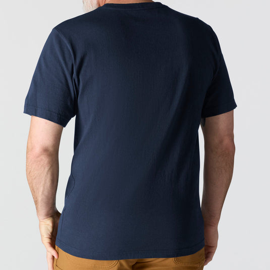 The back of a person wearing a navy blue K87 short sleeve t-shirt 