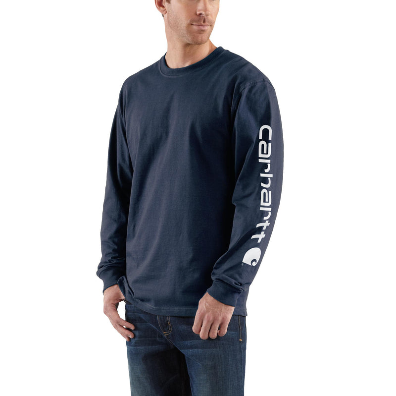 Load image into Gallery viewer, Carhartt Loose Fit Heavyweight Long Sleeve Logo Sleeve Graphic Tee Navy
