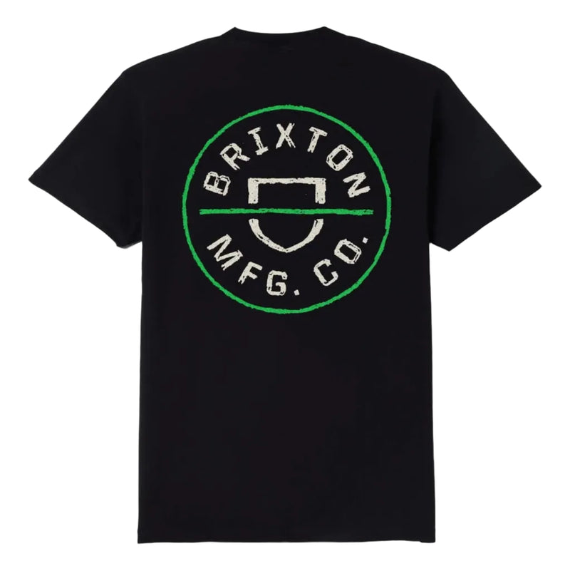 Load image into Gallery viewer, Black t-shirt with Brixton logo on the back 

