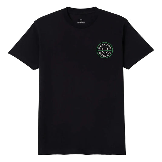 Black t-shirt with a Brixton circle logo on front left chest