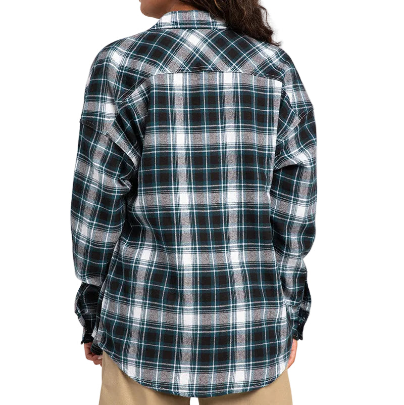 Load image into Gallery viewer, A person shown from the back wearing a long-sleeve plaid button-up shirt in black, white, and light blue over a beige shirt, against a plain light gray studio background.
