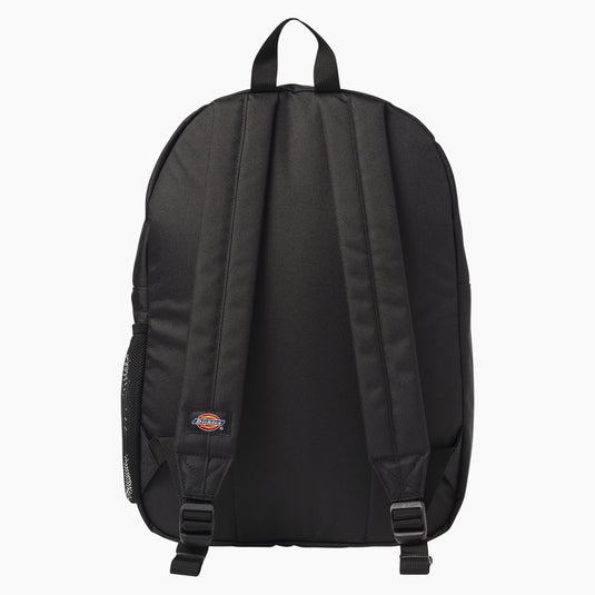 The back of a Dickies double logo backpack features a large main compartment with internal laptop sleeve. The bag has a padded back panel for comfort, a side water bottle pocket, and a bold iconic horseshoe logo on the front as well as the signature Dickies wordmark across the top.