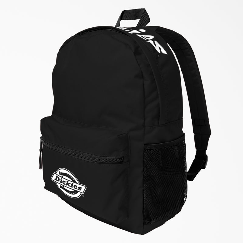 Load image into Gallery viewer, This Dickies double logo backpack features a large main compartment with internal laptop sleeve. The bag has a padded back panel for comfort, a side water bottle pocket, and a bold iconic horseshoe logo on the front as well as the signature Dickies wordmark across the top.
