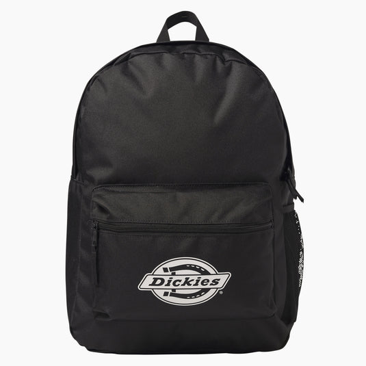 The backpack has a padded back panel for comfort, a side water bottle pocket, and a bold iconic horseshoe logo on the front as well as the signature Dickies wordmark across the top.